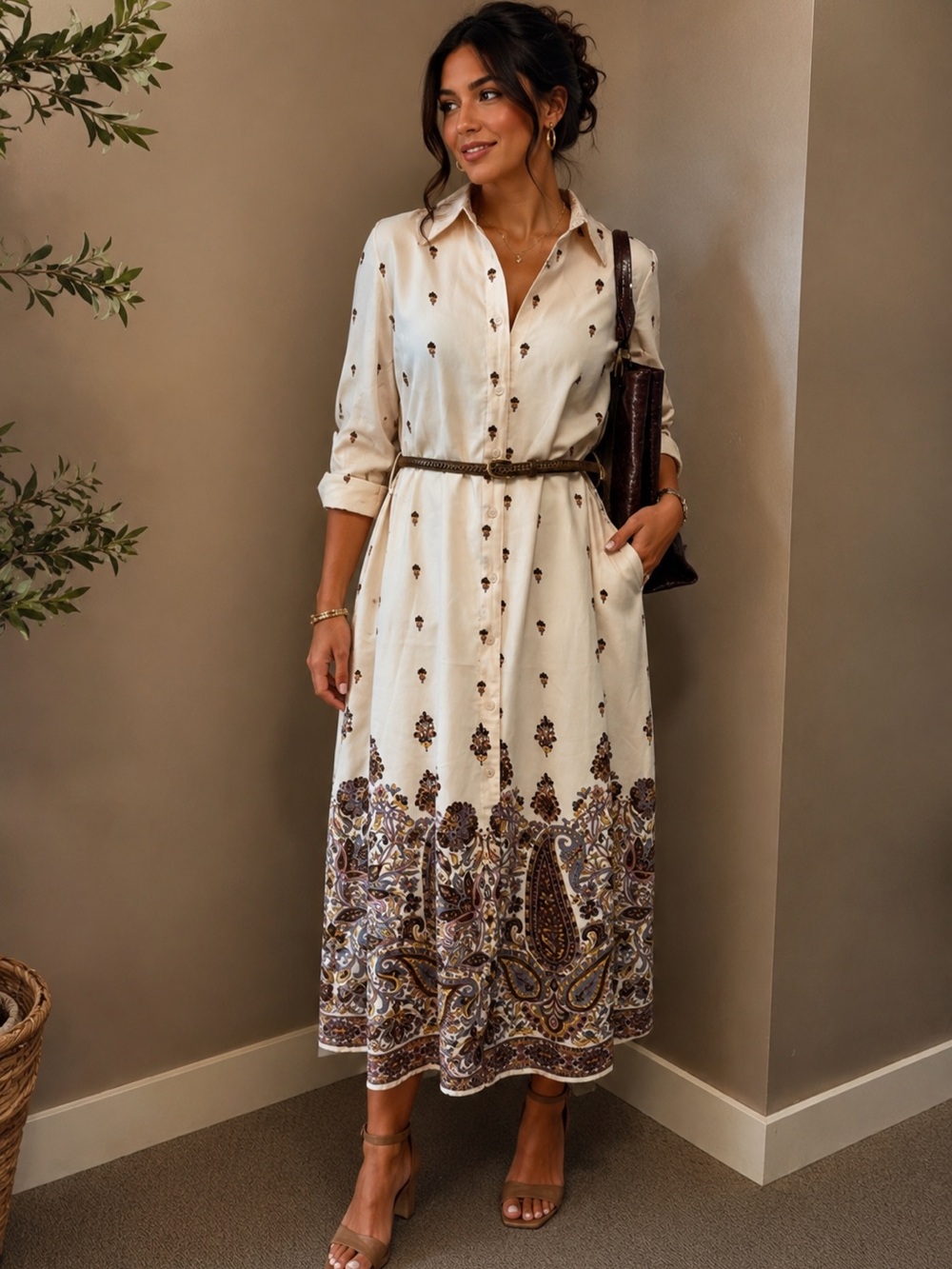 Jessica Simpson Cream Paisley Border Button-Front Maxi Dress